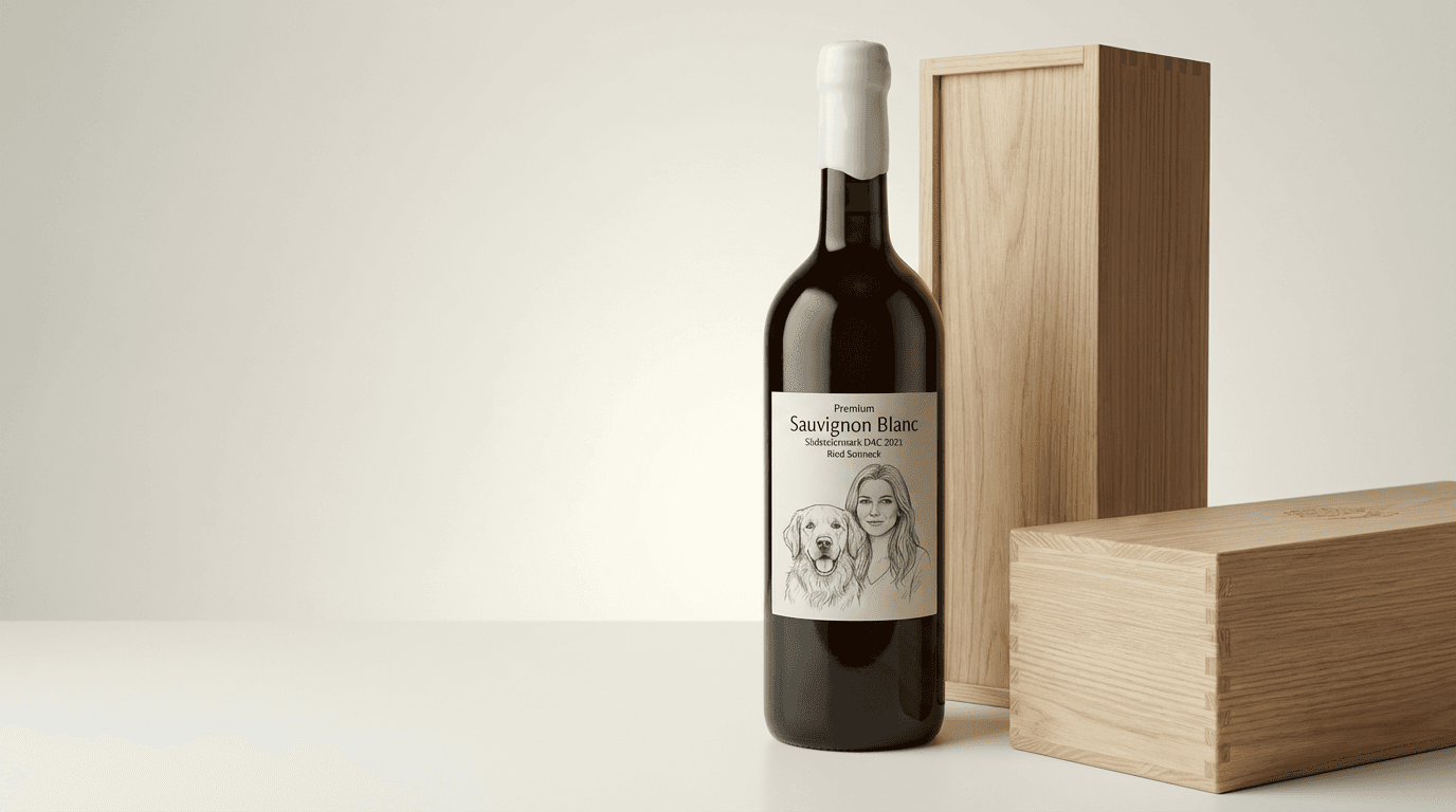 Personalisierter Wein in Holzbox
